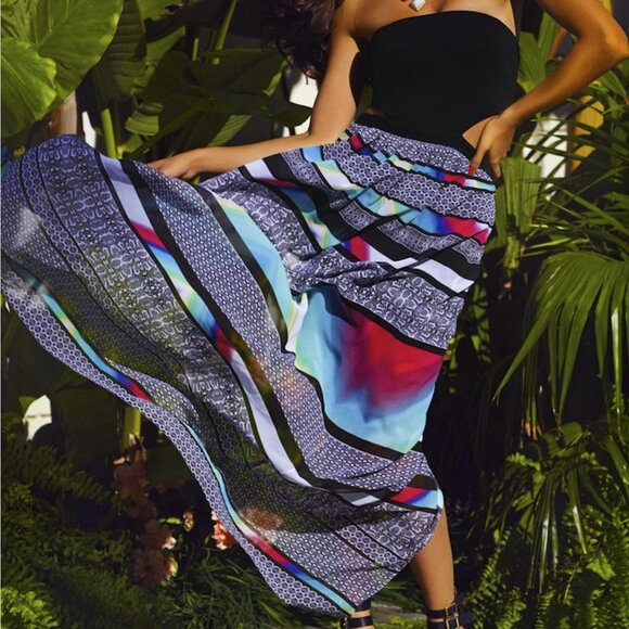 Bebe Strapless Tube Cutout Boho Sheer Maxi Dress Black Teal Pink Size XS/TP - Picture 1 of 6